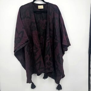 Cleobella Boho Floral Tassel Poncho Kimono Shawl Wrap One Size Black Maroon‎